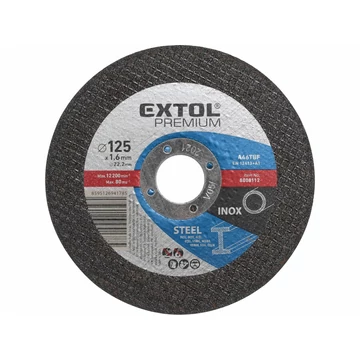 EXTOL PREMIUM vágókorong acélhoz/inoxhoz, kék; 125×1,6×22,2mm, max 12200 ford/perc