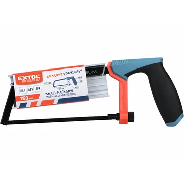 EXTOL PREMIUM fémfűrész; 150mm, acél váz, ABS/TPR gumis markolat ALU gérvágó ládával
