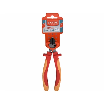 EXTOL PREMIUM oldalcsípő fogó, 160mm, szigetelt, 1000V, VDE, DIN ISO 5749, CV, duál piros/sárga nyél, akasztós szerszámtartó
