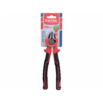EXTOL PREMIUM oldalcsípő fogó, 190mm, duál vörös/fekete TPR nyél, 20% extra erőkifejtés, akasztós szerszámtartó