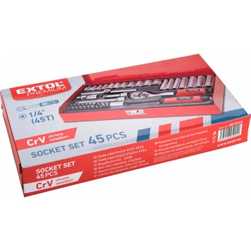 EXTOL PREMIUM  dugókulcs készlet,  CV., racsnis 45fog ; 1/4", 45db, 4-14mm, fém doboz
