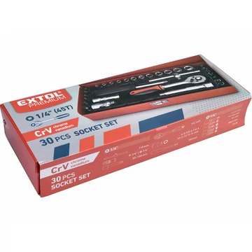 EXTOL PREMIUM  dugókulcs készlet,  CV., racsnis 45fog ; 1/4" 30db, normál (4-14mm) dugófejek, bitdugófej (-, +, imbusz, torx), fém doboz