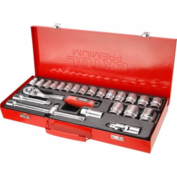 EXTOL PREMIUM  dugókulcs készlet,  CV., racsnis 45fog ; 1/2" 24db, 10-32mm, fém doboz EXTOL PREMIUM  dugókulcs készlet,  CV., racsnis 45fog ; 1/2" 24db, 10-32mm, fém doboz