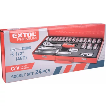 EXTOL PREMIUM  dugókulcs készlet,  CV., racsnis 45fog ; 1/2" 24db, 10-32mm, fém doboz