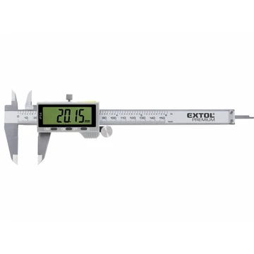 EXTOL PREMIUM  digitális tolómérő; 0,01×150mm, mélységmérővel, rozsdamentes acél, pontosság ±0,02 mm, IP54