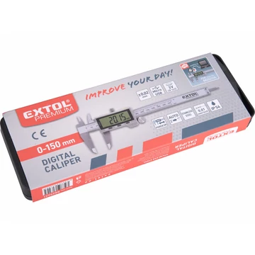 EXTOL PREMIUM  digitális tolómérő; 0,01×150mm, mélységmérővel, rozsdamentes acél, pontosság ±0,02 mm, IP54