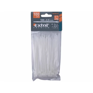EXTOL PREMIUM kábelkötegelő 2,5×100mm 100db, fehér nylon; UV-, sav- és lúgálló