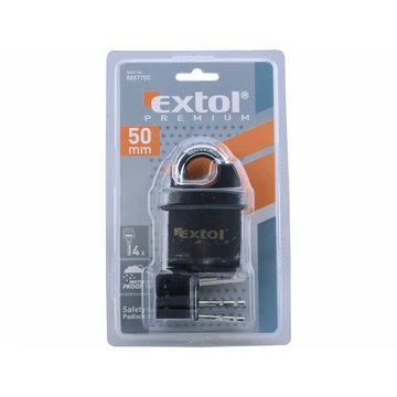 EXTOL PREMIUM  biztonsági lakat, levágás elleni védelemmel, festett, vízálló, 4db kulcs; 50mm