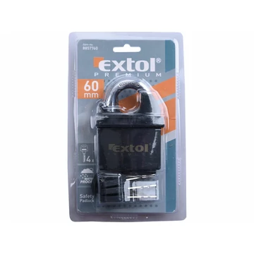 EXTOL PREMIUM  biztonsági lakat, levágás elleni védelemmel, festett, vízálló, 4db kulcs; 60mm