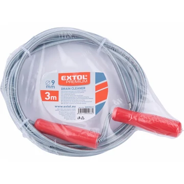 EXTOL PREMIUM lefolyócső tisztító, 3m, 9mm átmérő, kézi tekerővel, tisztító körömmel,  (1,9mm drótból sodorva)