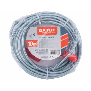 EXTOL PREMIUM lefolyócső tisztító, 10m, 9mm átmérő,  kézi tekerővel, tisztító körömmel,   (1,9mm drótból sodorva)