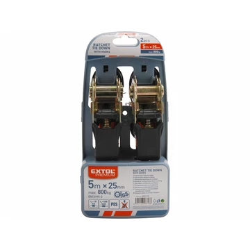 EXTOL PREMIUM rakományrögzítő gurtni, 2db, kampós, max. 800kg; 5m×25mm, EN12195-2,TÜV/GS