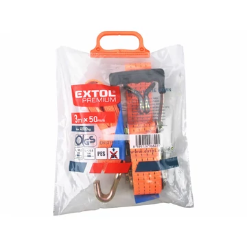 EXTOL PREMIUM  rakományrögzítő gurtni, kampós, max. 4000kg; 3m×50mm, EN12195-2, TÜV/GS