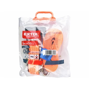 EXTOL PREMIUM  rakományrögzítő gurtni, kampós, max. 4000kg; 6m×50mm, EN12195-2,TÜV/GS