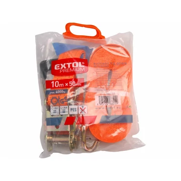 EXTOL PREMIUM  rakományrögzítő gurtni, kampós, max. 4000kg; 10m×50mm, EN12195-2,TÜV/GS