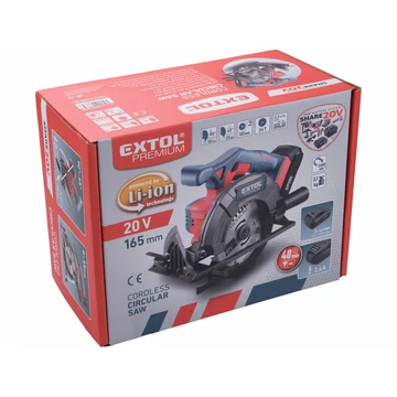 EXTOL PREMIUM  akkus körfűrészgép, Share20V, 20V, Li-ion, 1db akku, 1db töltő, 2000 mAh, 0-3650 ford/perc, 165 mm tárcsa