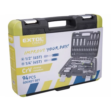 EXTOL CRAFT  dugókulcs készlet,  CV., racsnis 45fog ; 1/4"  1/2", 94db, 4-32mm, 32db bit (lapos, kereszt,imbusz,torx), gyertyakulcs16&amp;21