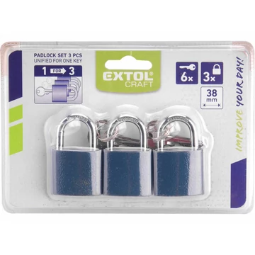 EXTOL CRAFT  biztonsági vas lakat klt., 38mm, 3 db lakat+6 db kulcs, univerzális kulcsok: egy kulcs jó mindhárom lakathoz