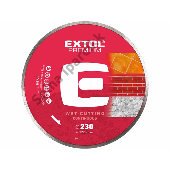 EXTOL PREMIUM gyémántvágó csempevágáshoz (sima), vizes vágásra; 230×2,3×22,2mm, max.6.650 ford/perc