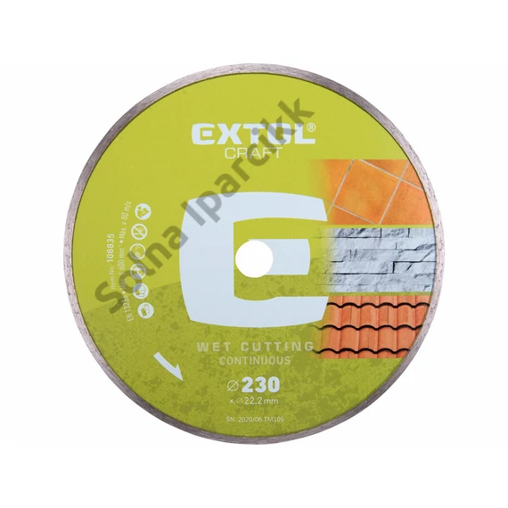 EXTOL CRAFT gyémántvágó csempevágáshoz (sima), vizes vágásra; 230×2,5×22,2mm, max.6.600 ford/perc