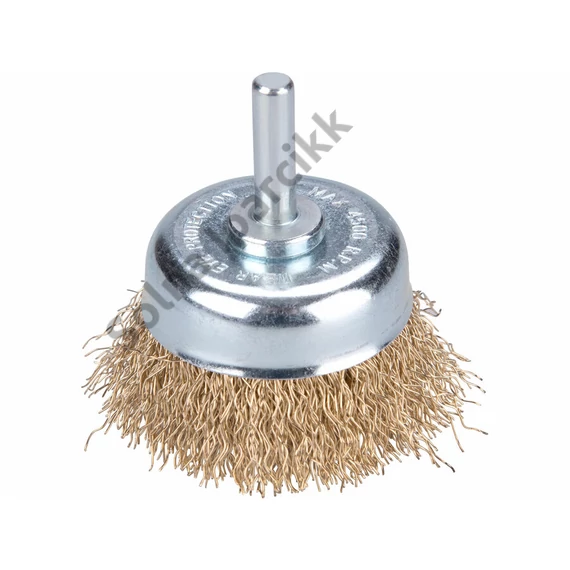 EXTOL CRAFT drótcsiszoló fazékkefe, csapos; 50mm, O 6mm-es csap, fúróba fogható, hullámos szálú, rezezett acél, max 4500 ford/perc