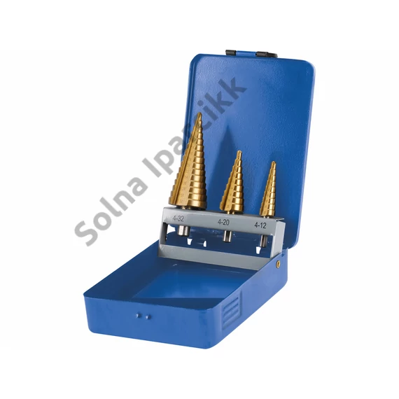 EXTOL PREMIUM  lépcsős fémfúró klt. 3db; (4-12mm/1mm lépcsők,4-20mm/2mm,4-32mm/2mm) befogás:10mm, max.4mm vastag anyagokhoz,TiN bevonat
