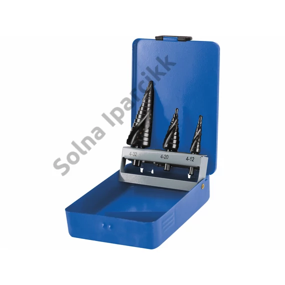 EXTOL PREMIUM  lépcsős fémfúró klt. 3db; (4-12mm/1mm lépcsők,4-20mm/2mm,4-32mm/2mm) befogás:10mm, max.4mm vastag anyagokhoz, spirállal