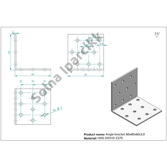 Perforált sarokösszekötő 60x60x60 mm, lv: 2 mm 