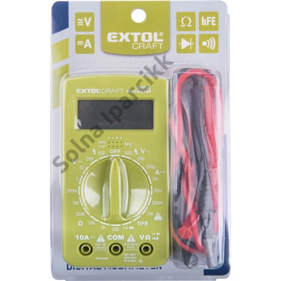 EXTOL CRAFT digitális multiméter; Amper/Volt/Ohm mérő, hangjelző funkcióval, CE, 1 db 9V elem