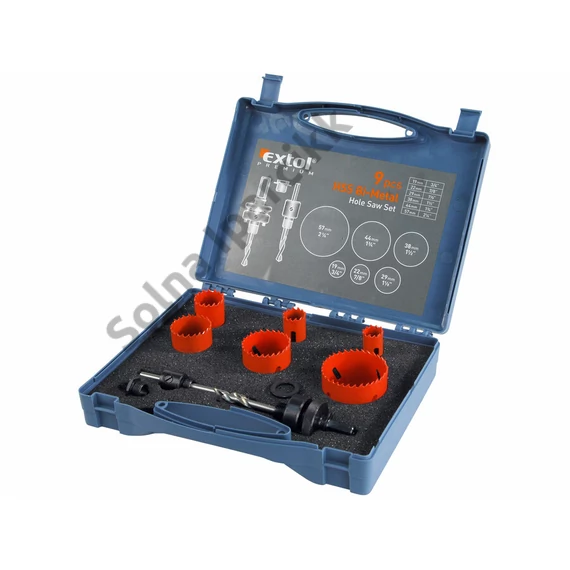 EXTOL PREMIUM körkivágó klt., HSS Bi-metál, 9db-os, (19-22-29-38-44-57mm) műanyag,fa,gipszkarton,ALU,réz,vas, acél, rozsdamentesacél