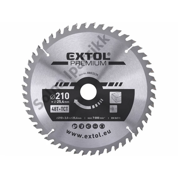 EXTOL PREMIUM körfűrészlap, keményfémlapkás, 210×25,4mm (lyuk átm), T48; 3,2mm lapkaszélesség, max. 7000 ford/perc