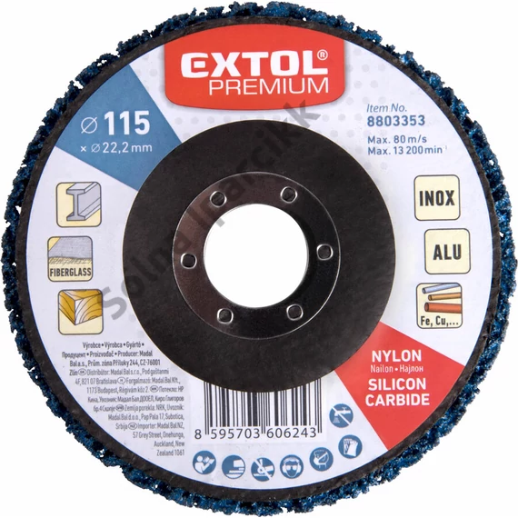 EXTOL PREMIUM csiszolókorong sarokcsiszolóhoz ("négertárcsa"), 115mm, 14 mm vastagság, üvegszálas hátlap, nylon és szilícium-karbid