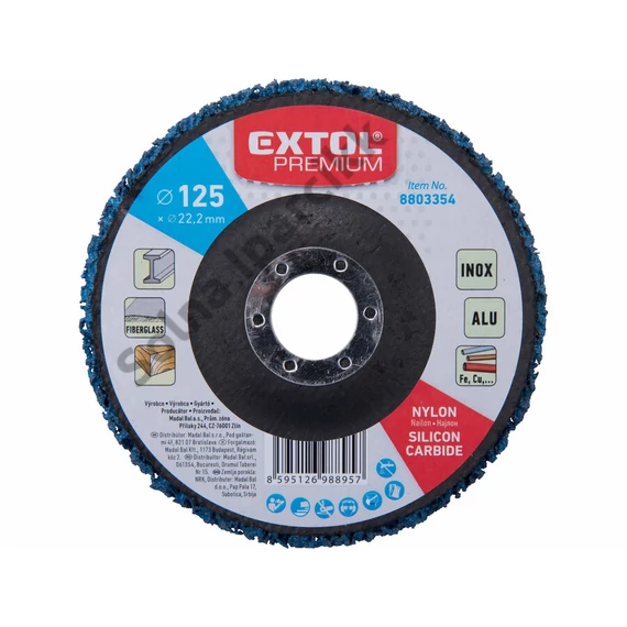 EXTOL PREMIUM csiszolókorong sarokcsiszolóhoz ("négertárcsa"), 125mm, 14 mm vastagság, üvegszálas hátlap, nylon és szilícium-karbid