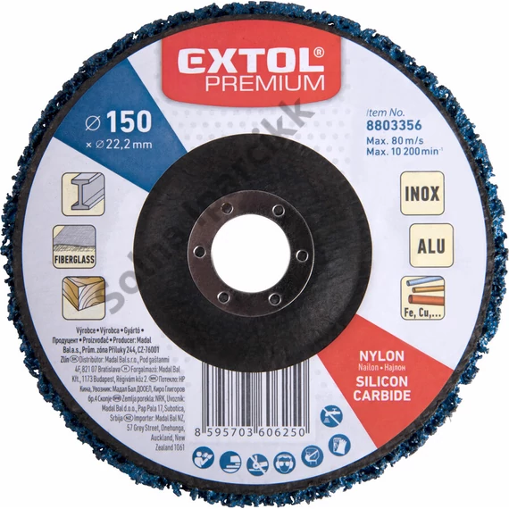 EXTOL PREMIUM csiszolókorong sarokcsiszolóhoz ("négertárcsa"), 150mm, 14 mm vastagság, üvegszálas hátlap, nylon és szilícium-karbid