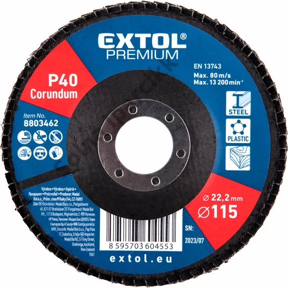 EXTOL PREMIUM lamellás csiszoló acél, Alu, műa. és fa munkadarabok csiszolására, 115×22mm; P40, kúpos, max.:13.200 ford./perc, EN13743