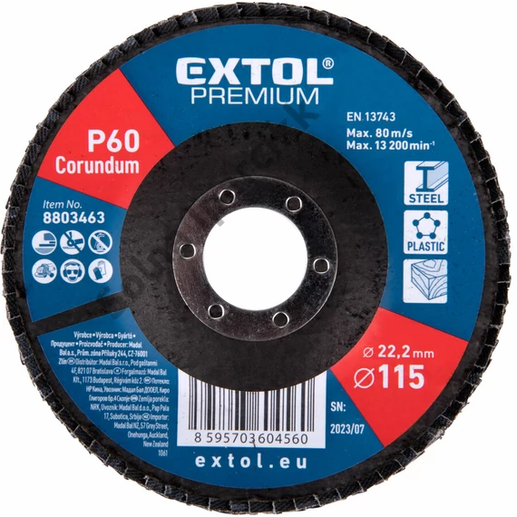 EXTOL PREMIUM lamellás csiszoló acél, Alu, műa. és fa munkadarabok csiszolására, 115×22mm; P60, kúpos, max.:13.200 ford./perc, EN13743