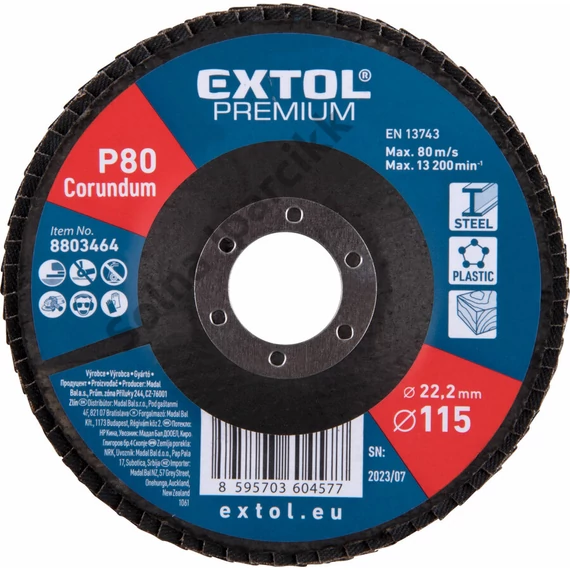 EXTOL PREMIUM lamellás csiszoló acél, Alu, műa. és fa munkadarabok csiszolására, 115×22mm; P80, kúpos, max.:13.200 ford./perc, EN13743