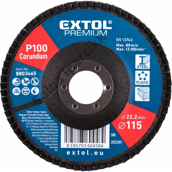 EXTOL PREMIUM lamellás csiszoló acél, Alu, műa. és fa munkadarabok csiszolására, 115×22mm; P100, kúpos,max.:13.200 ford./perc, EN13743