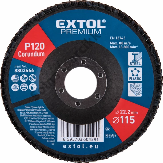 EXTOL PREMIUM lamellás csiszoló acél, Alu, műa. és fa munkadarabok csiszolására, 115×22mm; P120, kúpos,max.:13.200 ford./perc, EN13743
