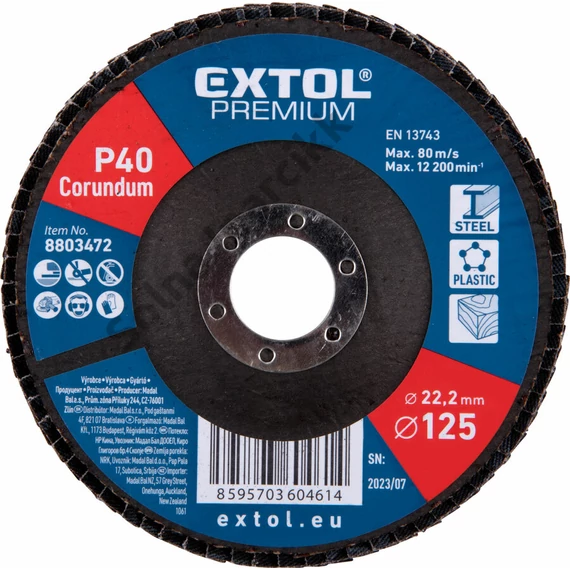 EXTOL PREMIUM lamellás csiszoló acél, Alu, műa. és fa munkadarabok csiszolására, 125×22mm; P40, kúpos, max.:12.300 ford./perc, EN13743