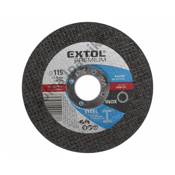 EXTOL PREMIUM vágókorong acélhoz/inoxhoz, kék; 115×1,6×22,2mm, max 13300 ford/perc