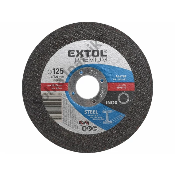 EXTOL PREMIUM vágókorong acélhoz/inoxhoz, kék; 125×1,6×22,2mm, max 12200 ford/perc