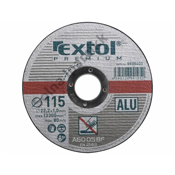 EXTOL PREMIUM vágókorong alumíniumhoz, szürke; 115×1,0×22,2mm, max 13300 ford/perc