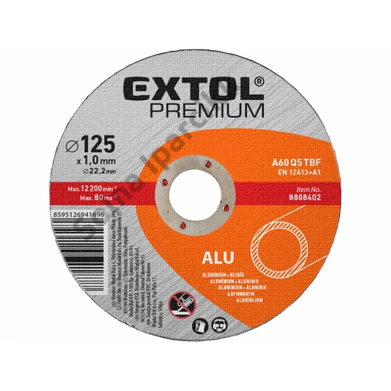 EXTOL PREMIUM vágókorong alumíniumhoz, szürke; 125×1,0×22,2mm, max 12200 ford/perc