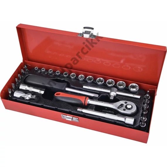 EXTOL PREMIUM  dugókulcs készlet,  CV., racsnis 45fog ; 1/4" 30db, normál (4-14mm) dugófejek, bitdugófej (-, +, imbusz, torx), fém doboz