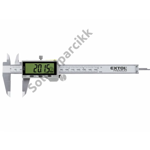 EXTOL PREMIUM  digitális tolómérő; 0,01×150mm, mélységmérővel, rozsdamentes acél, pontosság ±0,02 mm, IP54