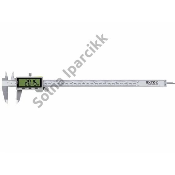 EXTOL PREMIUM  digitális tolómérő; 0,01×300mm, mélységmérővel, rozsdamentes acél, pontosság ±0,02 mm, IP54