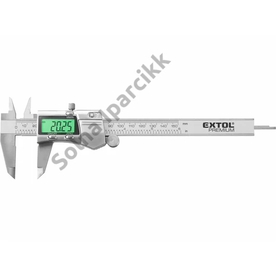 EXTOL PREMIUM digitális tolómérő; 0,01×150mm, kijelző háttérvilágítással, mélységmérővel, rozsdamentes acél, pontosság ±0,02/0,03 mm