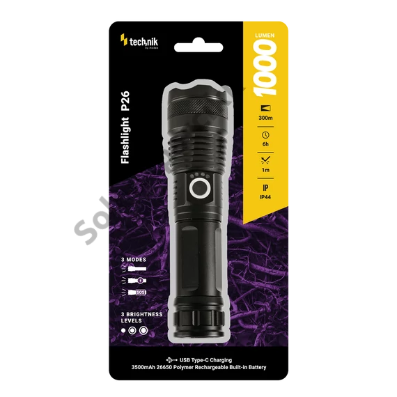 Technik Elemlámpa P26 (+1x26650 3500mAh) P50 LED + USB-C (1000 lumen)