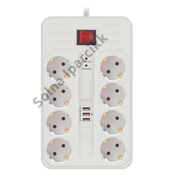 Technik Professional Elosztó 8 utas 1,5m kábel 1,5mm2  + 3 USB + kapcsoló 16A